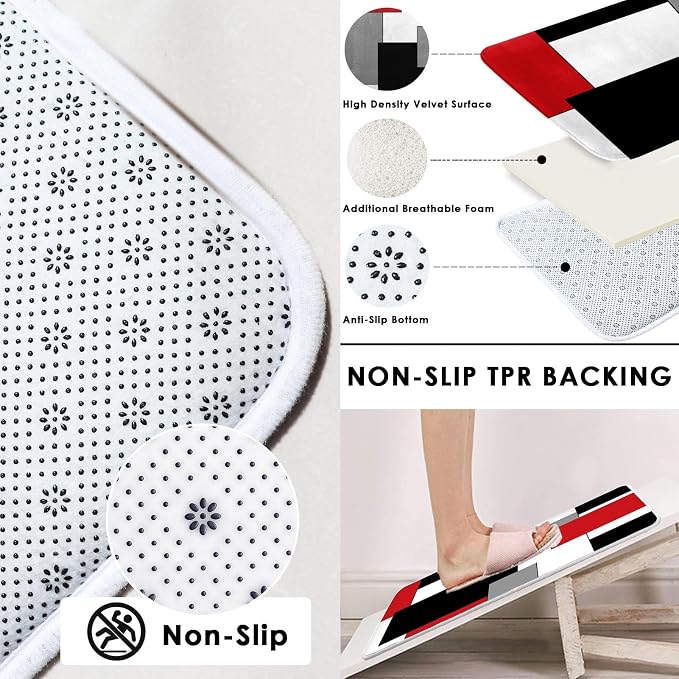 Bathroom Sets with Shower Curtain and Rugs, 4 Pcs, Red Geometric | Checkered Abstract Art Modern Bathroom Decor Set with Toilet Lid Cover, Non-Slip Bath Mats and Accessories 12 Hooks