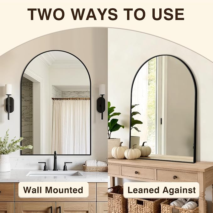 Arched Bathroom Vanity Mirror for Over Sink, 36”x24”, Black | HD Tempered Glass, Anti-Rust Metal Frame, Hanging or Leaning, Wall Mirrors for Bathroom Sink, Bedroom, Living Room, Entryway