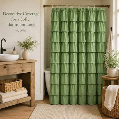 Green Ruffle Shower Curtain for Bathroom, 36x72 inch, 1 Panel, 6ft | Elegant Ruffled Drape, Cottagecore Bathroom Style, Shabby Chic Ruffles, 36 x 72, 12 Hooks Included, Machine Washable, Cloth