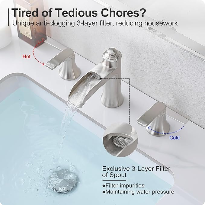 8 Inch Bathroom Waterfall Faucet, Brass Bathroom Faucet Brushed Nickel Bathroom Sink Faucets 3 Hole, 2 Handles Faucets for Bathroom Sinks with Pop-up Drain & Supply Hose