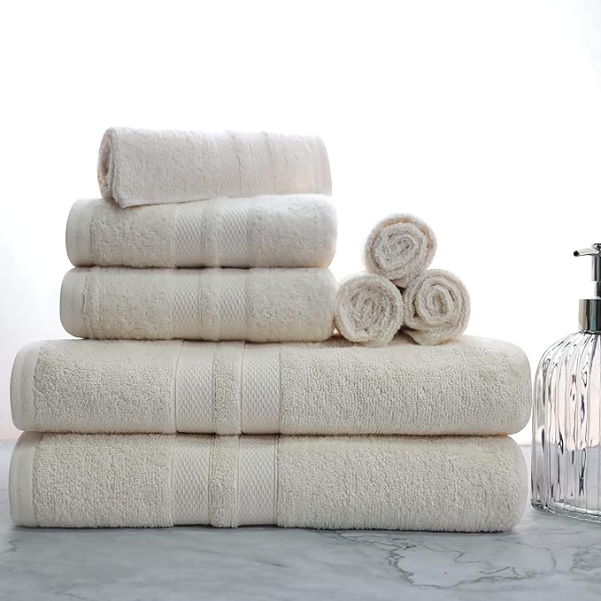 Superior Ultra-Soft 8-Piece Cotton Towel Set, Includes 2 Bath Towels, 2 Hand Towels, and 4 Washcloths, Daily Use Towels for Home, Bathroom, Guest Bath Room, Essential Quick Dry - Ivory