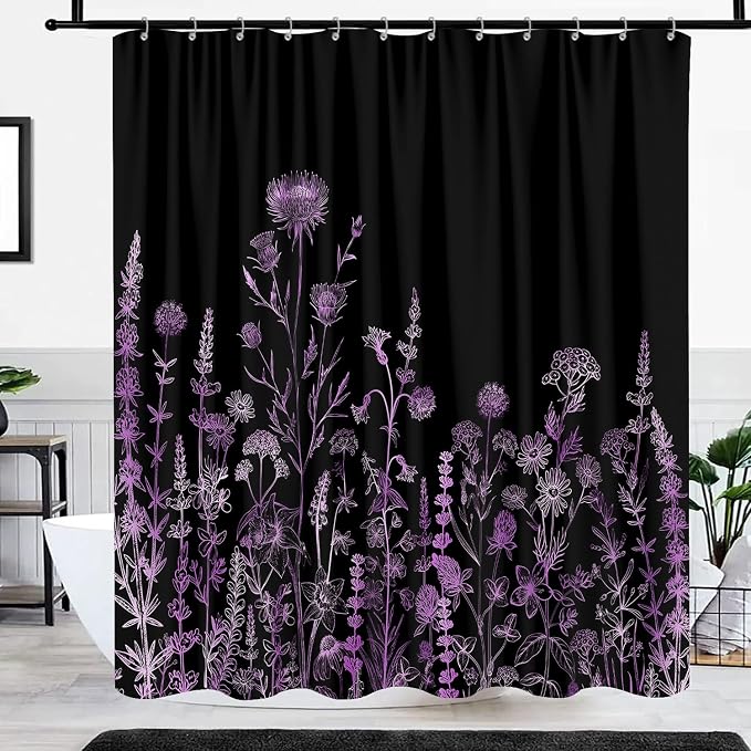 Vintage Black and Purple Boho Shower Curtain, Black Violet Floral Aesthetic Dark Wildflower Botanical Flowers Shower Curtain for Bathroom with Hook, Farmhouse Plant Art Chic Shower Curtain 72X72