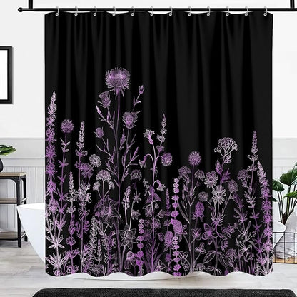 Vintage Black and Purple Boho Shower Curtain, Black Violet Floral Aesthetic Dark Wildflower Botanical Flowers Shower Curtain for Bathroom with Hook, Farmhouse Plant Art Chic Shower Curtain 72X72