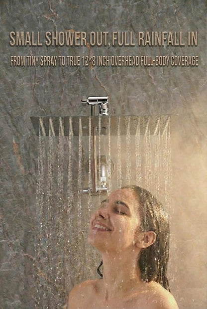 All Metal Rain Fixed Shower Head, 12 * 8'' High Pressure Rainfall Rectangle Showerhead with 11" Shower Head Extension Arm, Waterfall fixed Showerheads, Chrome