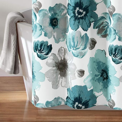 Lush Decor Leah Floral Shower Curtain, 72" W x 72" L, Blue - Fabric Shower Curtains - Watercolor Botanical Bathroom Curtain - Farmhouse & French Country Decor
