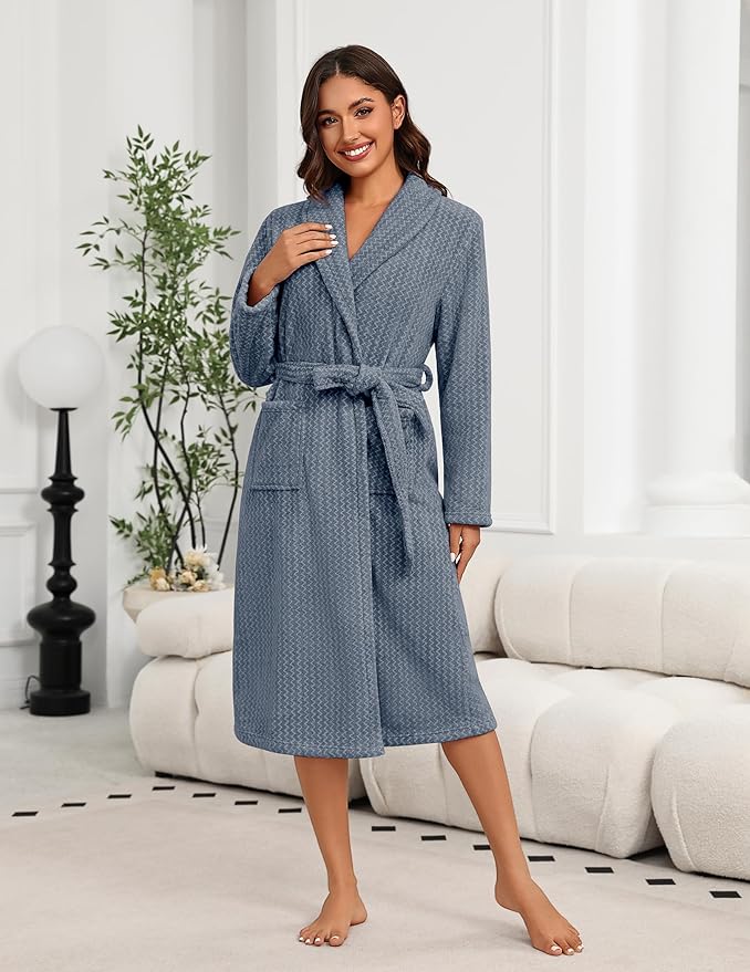 Ekouaer Women's Robe Long Plush Soft Bathrobe Cozy Warm Robes Shawl Collar Sleepwear with Pockets