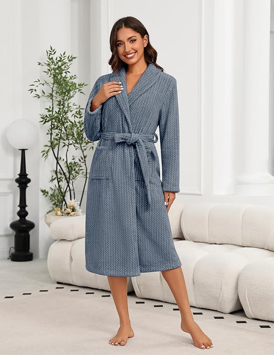 Ekouaer Women's Robe Long Plush Soft Bathrobe Cozy Warm Robes Shawl Collar Sleepwear with Pockets