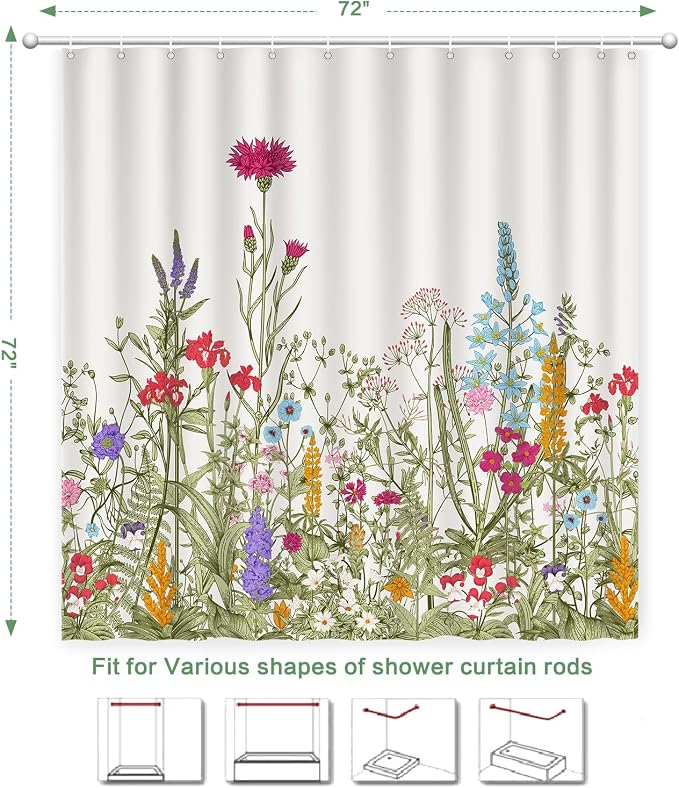 Shower Curtain Floral, Summer Shower Curtain Sage Green Flowers Plant Herbs Shower curtains for Bathroom with Hooks Waterproof Washable Farmhouse Home Decor Botanical Wildflowers Bath Curtains