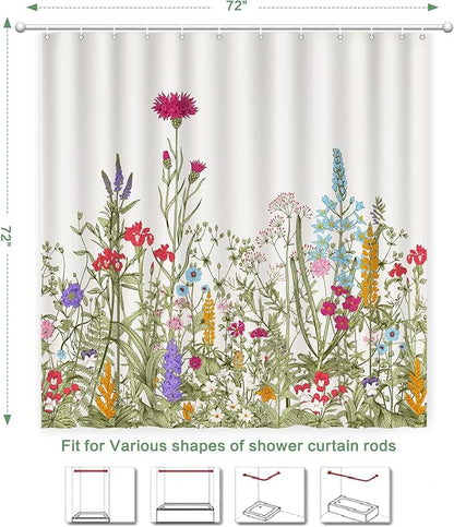 Shower Curtain Floral, Summer Shower Curtain Sage Green Flowers Plant Herbs Shower curtains for Bathroom with Hooks Waterproof Washable Farmhouse Home Decor Botanical Wildflowers Bath Curtains