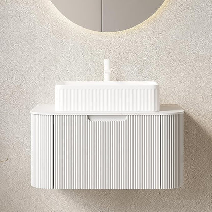 Yayzy 30" Floating Bathroom Vanity with Sink, Solid Wood Fluted Cabinet, White Fluted Square Ceramic Basin & Faux Marble Top, Soft-Close Drawer, Pre-Assembled, White
