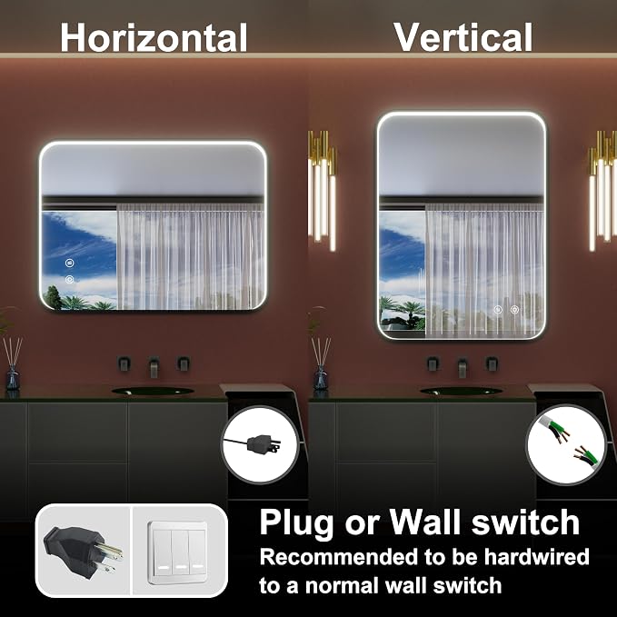 28"x36" Black LED Bathroom Mirror with Lights, 3000K/4500K/6000K | Stepless Dimmable, Memory, Anti-Fog,Aluminum Frame Wall Mounted Lighted Bathroom Vanity Mirror, ETL Listed, IP54 Waterproof