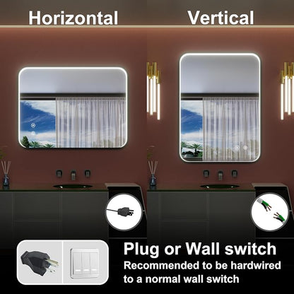 28"x36" Black LED Bathroom Mirror with Lights, 3000K/4500K/6000K | Stepless Dimmable, Memory, Anti-Fog,Aluminum Frame Wall Mounted Lighted Bathroom Vanity Mirror, ETL Listed, IP54 Waterproof