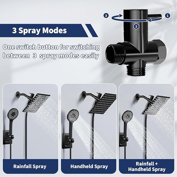 Airlex Shower Head Rain Shower Head with Handheld Spary, High Pressure Rainfall Showerhead and 4 Modes Handheld Shower Heads Built-in Power Wash with 71 Inch Stainless Steel Hose, 10'' Matte Black
