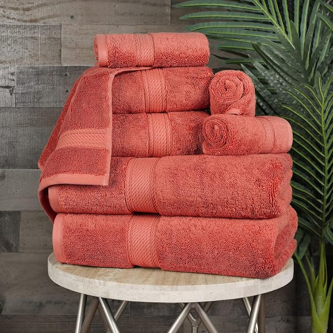 SUPERIOR Egyptian Cotton Ultra Plush & Absorbent, 8 Piece Set, Coral | Quick Dry, Soft Luxury Towel Set, Bath Essentials, Guest Bath, Spa, 2 Bath, 2 Hand, 4 Face Towels, Madeline Towels