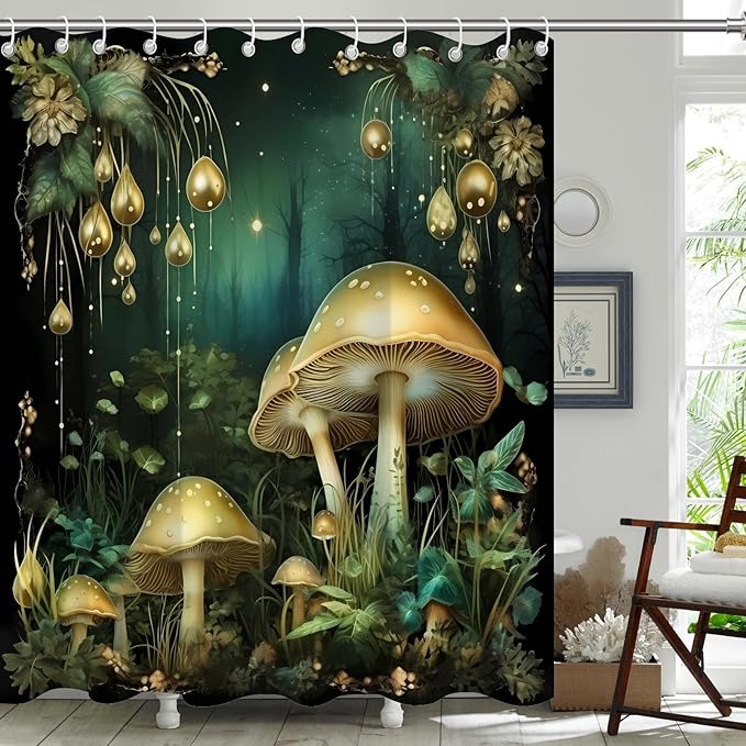 Fantasy Green Mushroom Shower Curtains,Funny Plant Botanical Bath Curtains,Mushroom Bathroom Decor,Funny Waterproof Polyester Natural Bathroom Curtain Decor,72x72 Inch