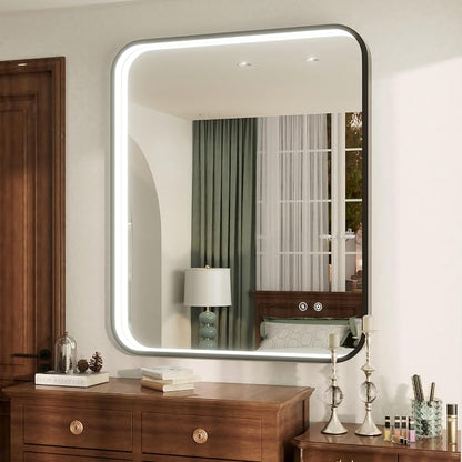 36"x30" Black LED Bathroom Mirror with 3000K/4500K/6000K Lights | Stepless Dimmable, Anti-Fog, Memory Function, Aluminum Frame Wall Mount Lighted Vanity Mirror, ETL Listed, IP54 Waterproof