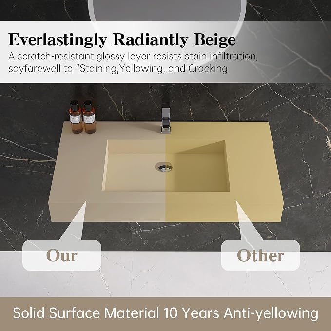 35" x 19" Bathroom Sink with Single Faucet Hole, Stone Resin Wall Mount Sink, Rectangle Solid Surface Vessel Sinks for Bathroom, Floating or Countertop Vessel Sinks, Latte Color
