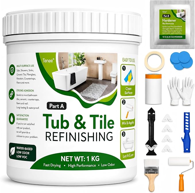 35 oz White Tub and Tile Paint, Semi-Gloss Refinishing Kit | Includes 8 Tools for Refinishing Tubs, Sinks and Tiles. Covers up to 60 Sq Ft with a Low Odor Formula.