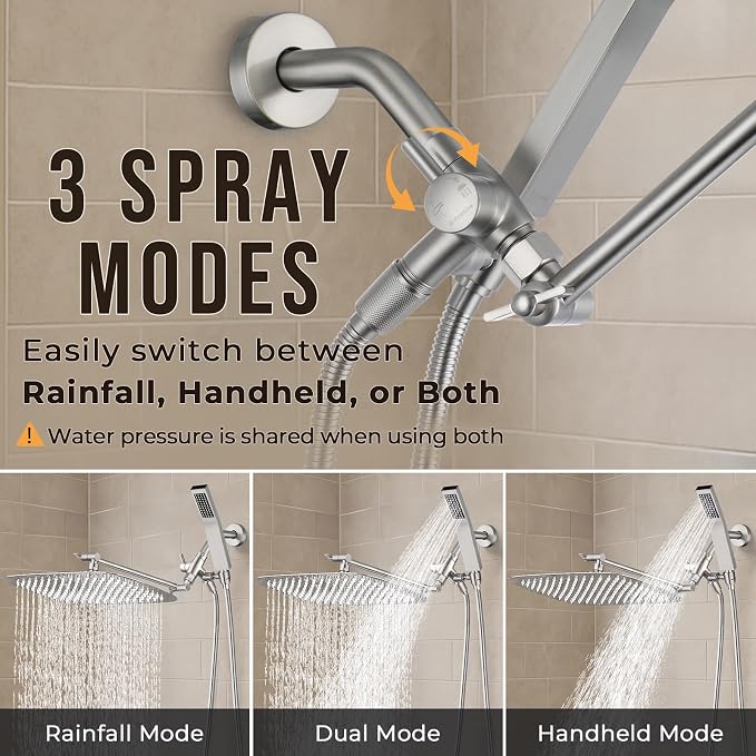 G-Promise All Metal 16" Rain Shower Head with Handheld for Bathroom Upgrade | All Metal, Built to Last, Easy Install, Adjustable Height & Angle for All Heights, Extra Long Hose, Modern Upgrade