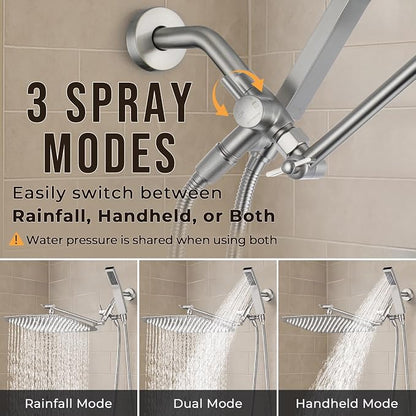 G-Promise All Metal 16" Rain Shower Head with Handheld for Bathroom Upgrade | All Metal, Built to Last, Easy Install, Adjustable Height & Angle for All Heights, Extra Long Hose, Modern Upgrade