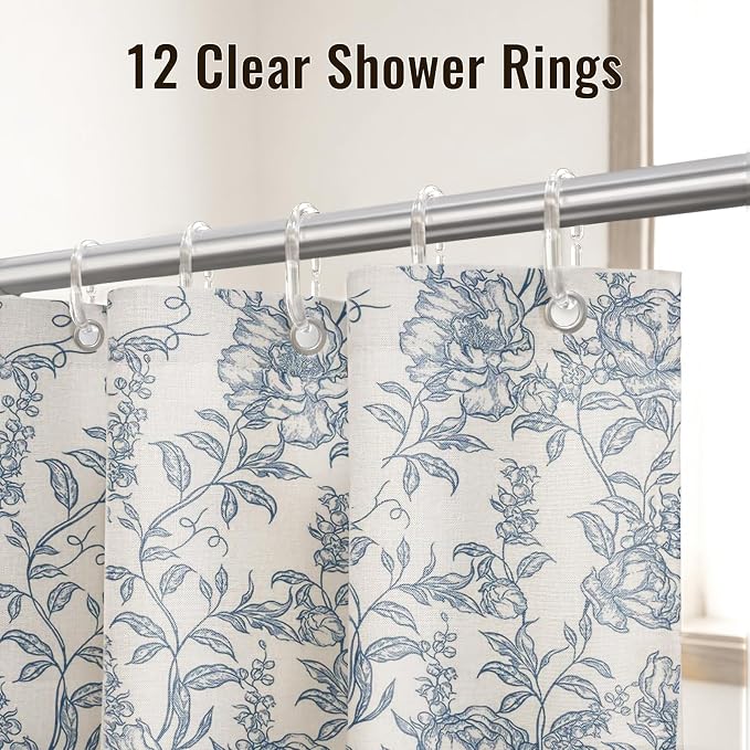 Farmhouse Blue Floral Shower Curtain with 12 Clear Rings 72"W x 72"L | Boho Fabric Shower Curtain Set, Vintage Cottagecore Shower Curtain for Bathroom