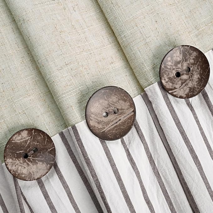 DOSLY IDÉES Farmhouse Shower Curtain,Beige and Brown Stripe,Button Curtain,Linen and Cotton Woven Fabric,Rustic Charm Country Chic Style,72x72 in