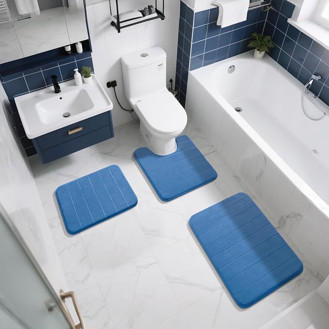 Yimobra Memory Foam Toilet Bath Mat U-Shaped, Soft and Comfortable, Super Water Absorption, Non-Slip, Thick, Machine Wash and Easier to Dry for Bathroom Commode Contour Rug, 24 X 20 Inches, Blue