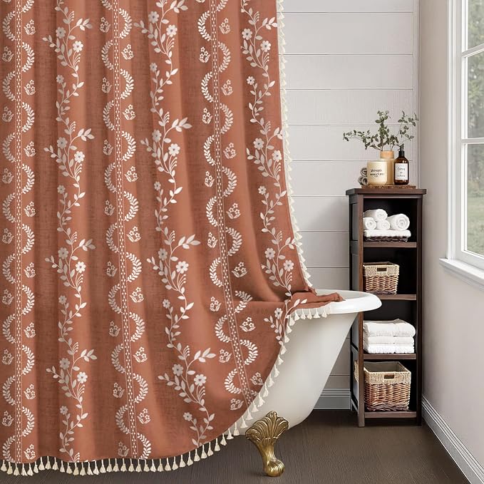 Boho Terracotta Vintage Shower Curtain with Tassels | 72 x 84 Inch,Bohemian Floral Linen Fabric Pattern Curtain Curtain For Bathroom