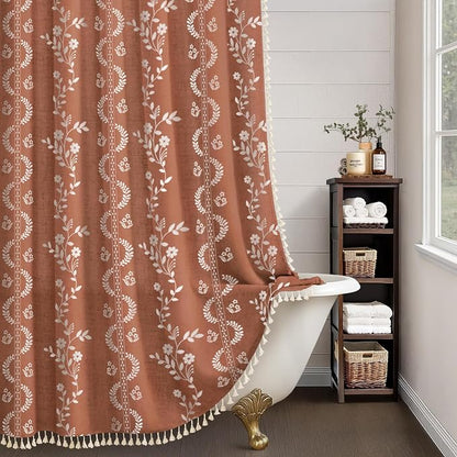 Boho Terracotta Vintage Shower Curtain with Tassels 72 x 72 Inch | Fall Bohemian Floral Linen Fabric Pattern Curtain Curtain For Bathroom