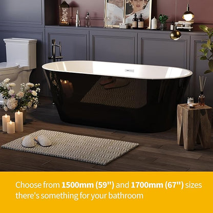 59 Inch Freestanding Bathtub, Acrylic Deep Soaking Tub, Chrome Overflow and Drain, Non-Slip Standalone Bath Tub for Bathroom, cUPC Certified, Ergonomic Modern Bath for Bathrooms