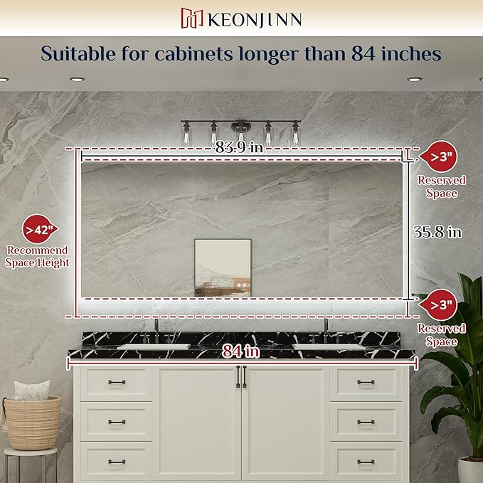 Keonjinn LED Backlit Mirror 84” x 36” Oversized Lighted Bathroom Mirror with UL Listed LED Driver, Large Stepless Dimmable Wall Mirror, Tempered Glass, CRI90+ Anti Fog Vanity Mirror with Backlights