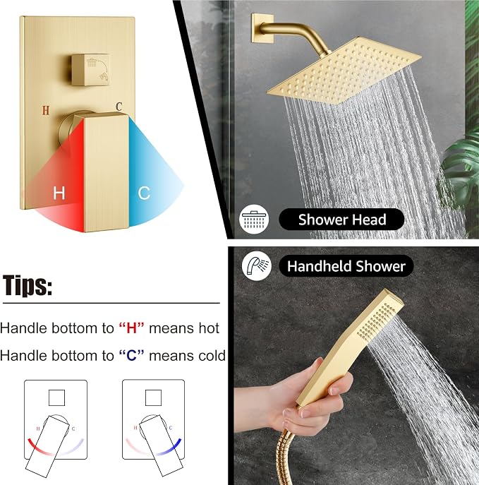 Midanya Shower Faucet Set with Handheld Sprayer,8 Inch,Brushed Gold | Rough-in Shower Valve and Trim Kit Included,Square Rain Head,Wall Mount Shower System,All Metal,Bathroom