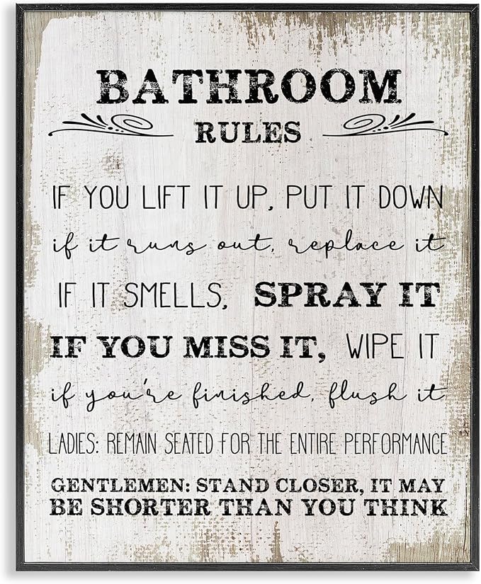 Rustic Bathroom Rules Humor, 16 x 20 Inch Framed Giclée Print