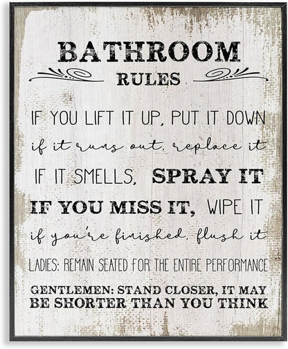 Rustic Bathroom Rules Humor, 16 x 20 Inch Framed Giclée Print