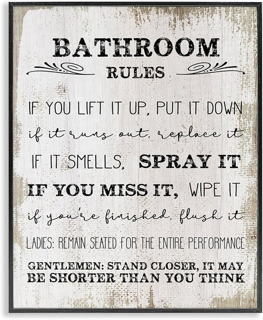 Rustic Bathroom Rules Humor, 16 x 20 Inch Framed Giclée Print