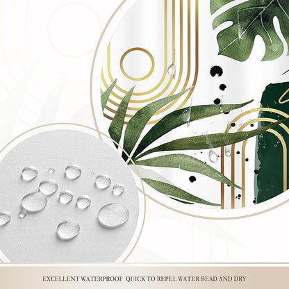 Glawry Green Gold Boho Mid Century Shower Curtain Extra Long Tropical Plant Abstract Minimalist Modern Geometric Leaf Bathroom Simple 72Wx78L Inches Bath Accessories Art Home Decor Fabric 12 Pack Hook
