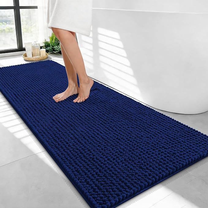 OLANLY Thick Chenille Bathroom Runner Rugs 47x24, Absorbent Bath Mat, Navy | Soft Bath Rugs, Rubber Backing, Machine Wash Dry, Bath Mats for Bathroom, Tub and Shower, Home Decor Accessories