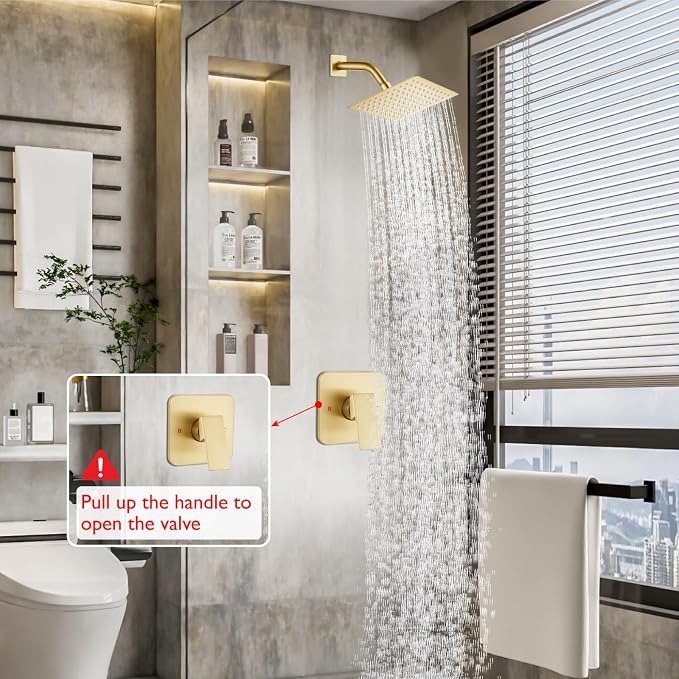Heyalan 8-Inch Square Rain Shower Faucet Set with Valve, Brushed Gold | SUS304 stainless steel shower head, male NPT 1/2-inch valve, single-handle control, adjustable angle, 1.8 GPM