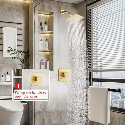 Heyalan 8-Inch Square Rain Shower Faucet Set with Valve, Brushed Gold | SUS304 stainless steel shower head, male NPT 1/2-inch valve, single-handle control, adjustable angle, 1.8 GPM