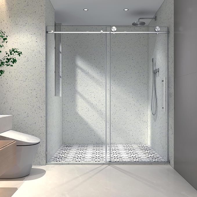 55"-60" W x 76" H Single Sliding Shower Door with Adjustable Soft Closing Design, Frameless Glass Shower Door with 5/16" (8mm) SGCC Tempered Clear Glass, Easy to Install, Brushed Nickel