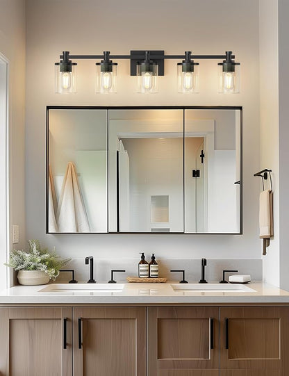 Bathroom Light Fixture, Bathroom Vanity Light Over Mirror, 5-Lights | Vanity Lights for Bathroom, Modern Lighting Fixtures with Clear Glass Shade, Black Vanity Lights, ETL Listed