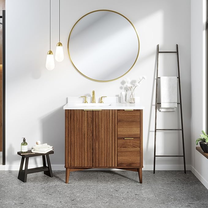 OVE Decors Indy 36 in. Undermount Single Sink Bathroom Vanity with White Engineered Marble Top, Warm Walnut
