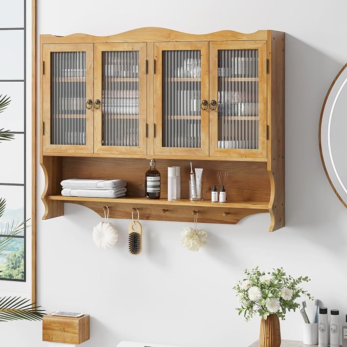 KEIKI 39.37" L Wall Mounted Kitchen Sideboard Cabinet with 4 Glass Door, 5 Hook Rack, 4 Layers Shelves, Retro Storage Buffet Medicine Cabinet for Bathroom, Dining Rooms, Entryway, Solid Wood, Natural