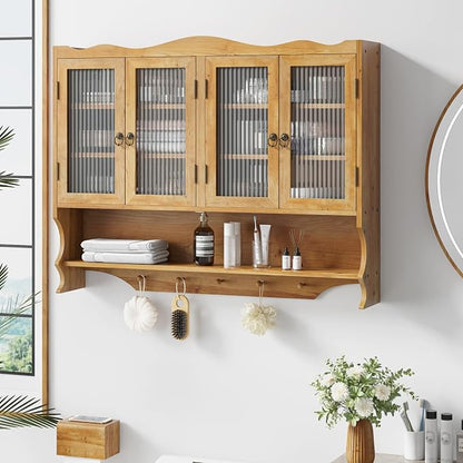 KEIKI 39.37" L Wall Mounted Kitchen Sideboard Cabinet with 4 Glass Door, 5 Hook Rack, 4 Layers Shelves, Retro Storage Buffet Medicine Cabinet for Bathroom, Dining Rooms, Entryway, Solid Wood, Natural