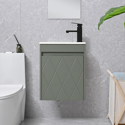 16" Bathroom Vanity Sink Combo for Small Space, Wall Mounted Bathroom Cabinet Set with White Resin Basin Sink Top Black Faucet Pop Up Drain Green