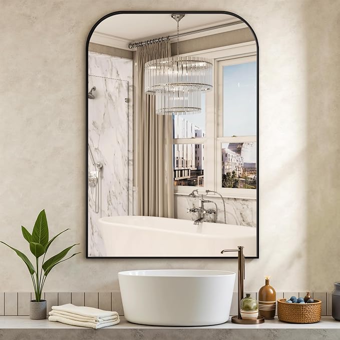 40"x28" Black Metal Framed Bathroom Mirror for Over Sink | Rounded rectangle shape. Shatterproof HD glass, all mounting hardware for bathroom, bedroom, entryway.
