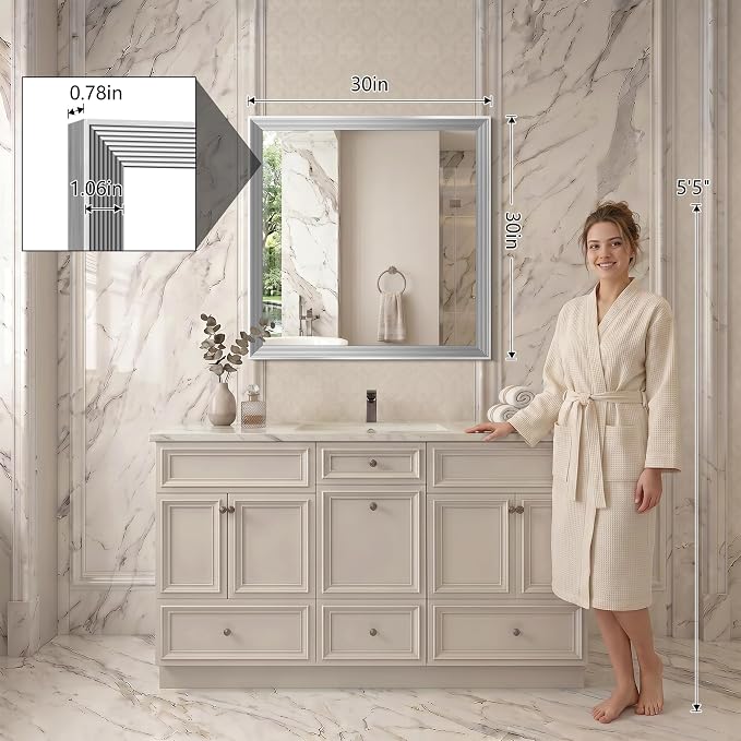 DESBING 30"x30" Silver Bathroom Mirrors for Over Sink | Tempered Glass, Metal Frame, Rectangle Vanity Wall Mirror for Bathroom, Living Room, Bedroom, Horizontally or Vertically