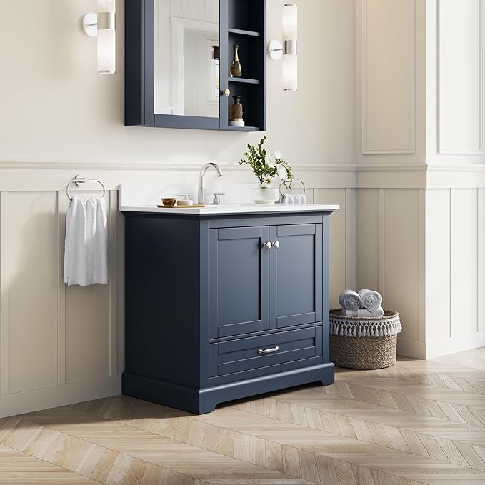 WELLFOR 36" Bathroom Vanity with Sink, Bathroom Freestanding Vanity W/ 2 Soft-Close Doors and 1 Soft-Close Drawers, Bathroom Cabinet Vanity with Cultured Marble Countertop (Navy Blue)