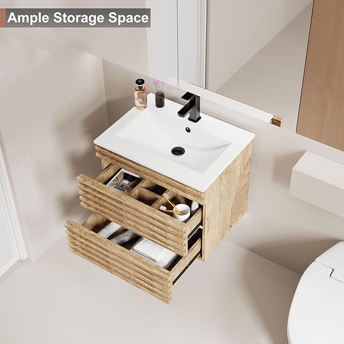 LUCKWIND 24" Floating Bathroom Vanity with Sink, Mid-Century Wall Mounted Big Drawer Cabinet with Ceramic Sink, Water Saving Faucet and Wood Stripes Style, Oak