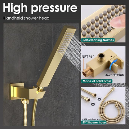 LED Spa Shower System Rainfall Waterfall with Handheld, Brushed Gold | 20x14-Inch Luxury 2 Modes Showerhead with Ligh t Remote Control, 3 Way Mixer Valve